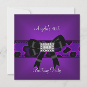 40th Birthday Purple Wild Black Bow Diamonds Invitation
