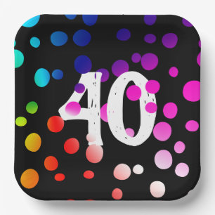 40th Birthday Rainbow Dots on Black Paper Plate