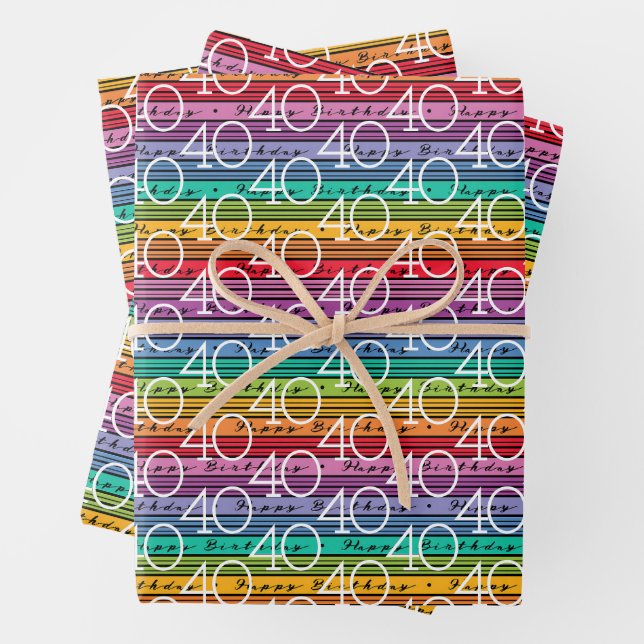 40th Birthday Rainbow Stripes Wrapping Paper Sheet (In situ)