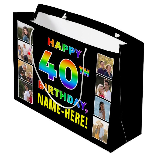 40th Birthday: Rainbow Text, Custom Photos & Name Large Gift Bag (Back Angled)