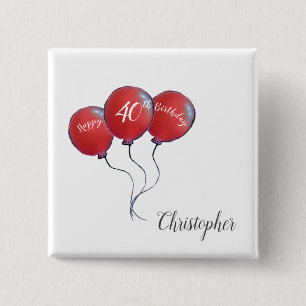 40th birthday red balloon gift 15 cm square badge