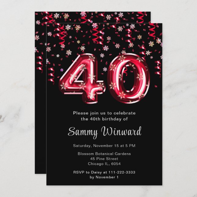 40th Birthday Red Balloons Snowflake Confetti Invitation (Front/Back)