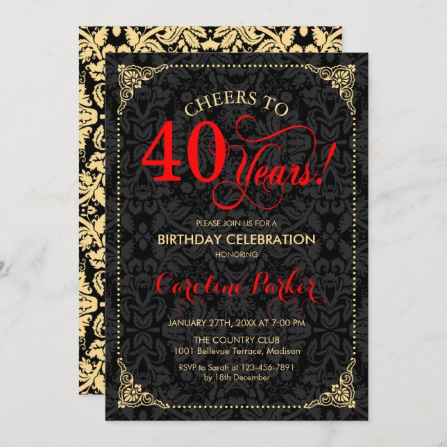 40th Birthday - Red Gold Black Damask Invitation (Front/Back)