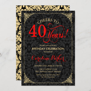 40th Birthday - Red Gold Black Damask Invitation