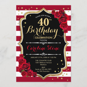 40th Birthday - Red Gold Black White Stripes Roses Invitation