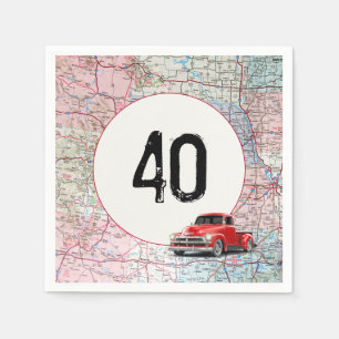 40th Birthday Red Retro Truck on Road Map  Napkin