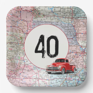 40th Birthday Red Retro Truck on Road Map Paper Plate