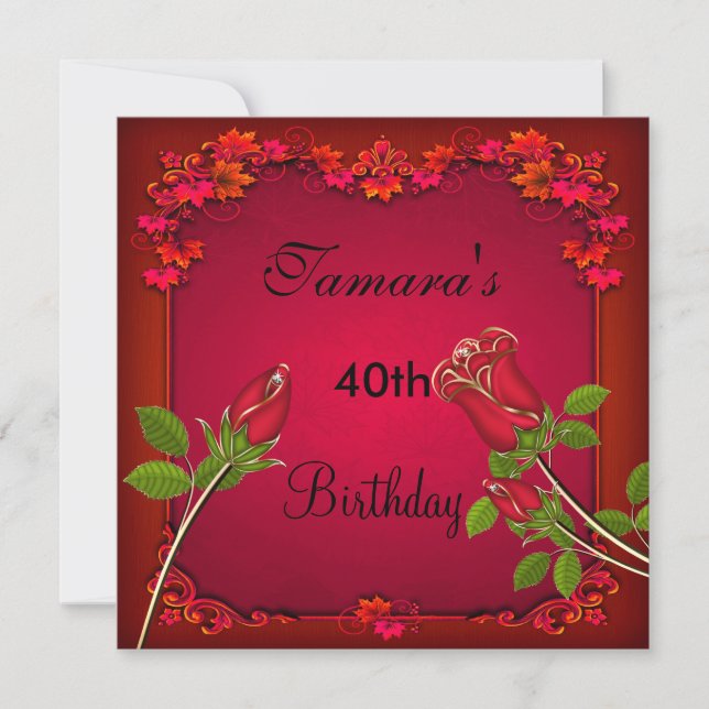 40th Birthday Red Rose Floral Elegant Invite (Front)