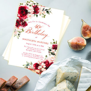 40th Birthday Red Rose Pink Peony Floral Invitation