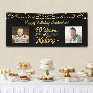 40th Birthday Retro Black Gold String Lights Photo Banner