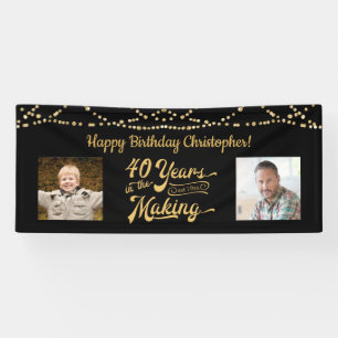 40th Birthday Retro Black Gold String Lights Photo Banner