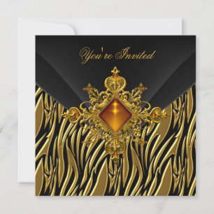 40th Birthday Rich Zebra Gold Amber Jewel Black Invitation