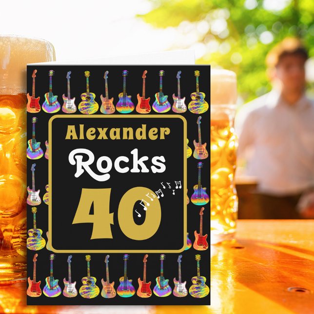 40th birthday Rock and Roll Guitar Personalised Card (40th birthday retro groovy guitar rock n roll rocks 40 personalized greetings card pop art hippie )