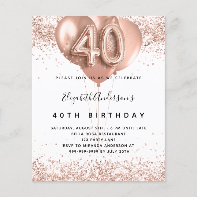 40th birthday rose gold balloons budget invitation flyer (Front)