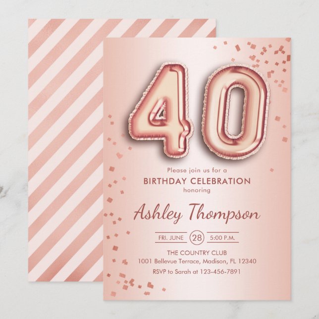 40th Birthday - Rose Gold Balloons Invitation (Front/Back)