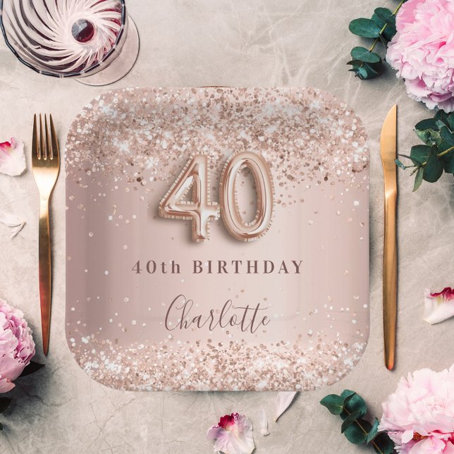 40th birthday rose gold blush glitter name paper plate (Creator Uploaded)