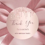 40th Birthday rose gold blush glitter Thank You Classic Round Sticker<br><div class="desc">A sticker for a girly and glamourous 40th birthday party. A faux rose gold metallic looking background with an elegant faux rose gold and pink glitter drips, paint drip look. The text: Thank You is written in dark rose gold with a large modern hand lettered style script. Tempate for a...</div>