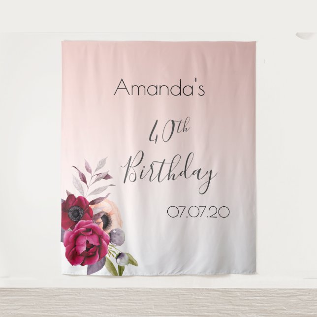 40th birthday rose gold blush pink floral tapestry (Front)