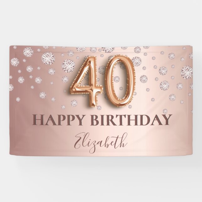 40th birthday rose gold diamonds balloon script banner (Horizontal)