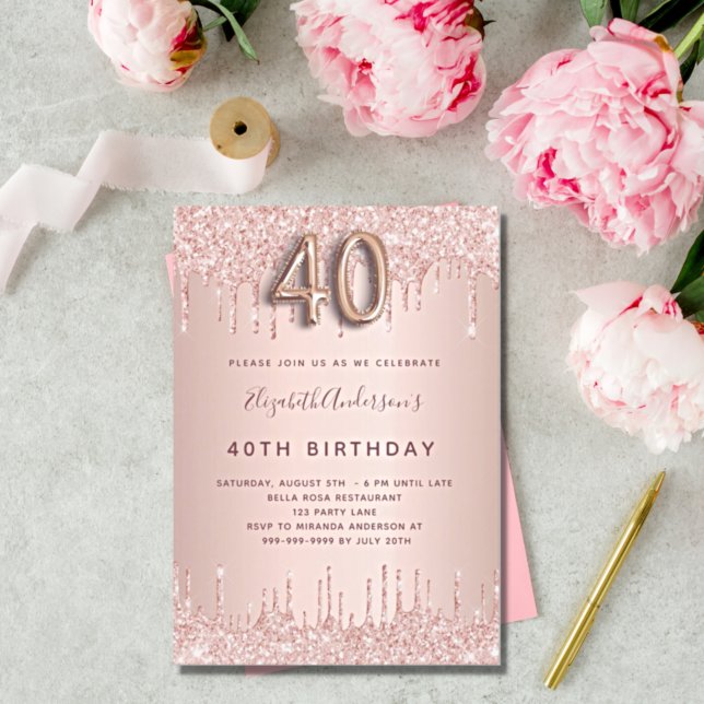 40th Birthday rose gold drips blush Invitation (Creator Uploaded)