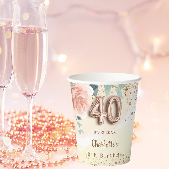 40th birthday rose gold floral glitter golden name paper cups (Creator Uploaded)