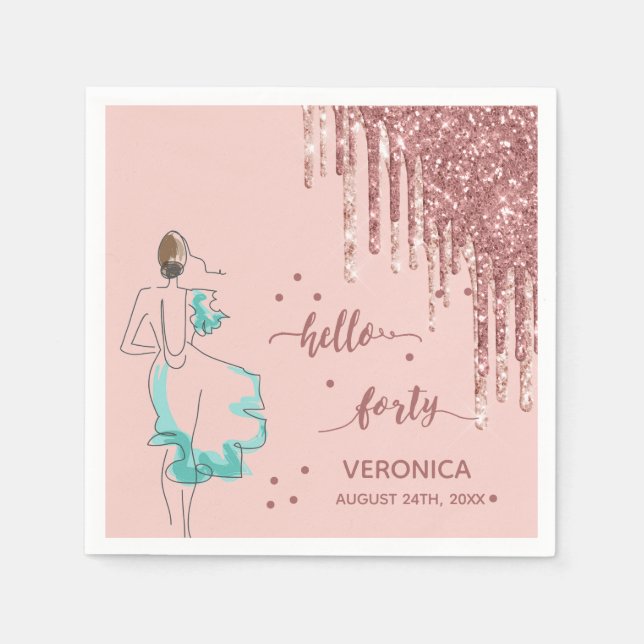 40th birthday rose gold glitter drip hello 40 name napkin (Front)