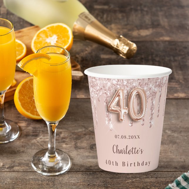 40th birthday rose gold glitter drip monogram paper cups (Creator Uploaded)