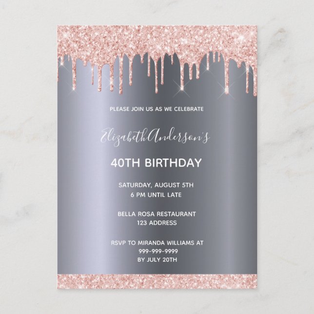 40th birthday rose gold glitter drips invitation postcard (Front)