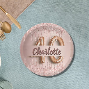 40th birthday rose gold glitter monogram luxury paper plate
