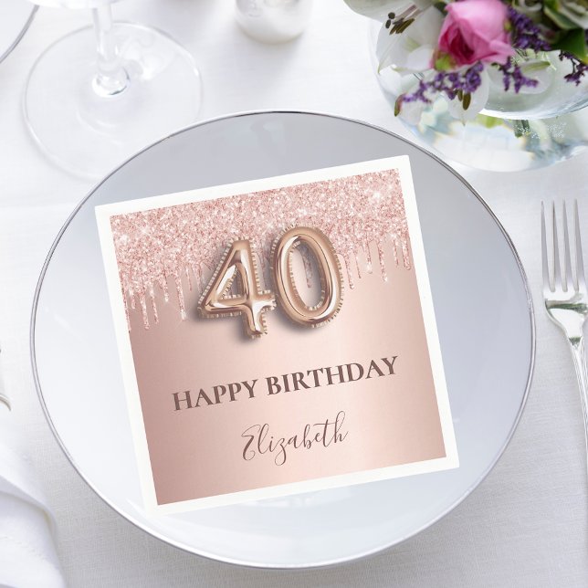 40th birthday rose gold glitter pink balloon style napkin (Creator Uploaded)