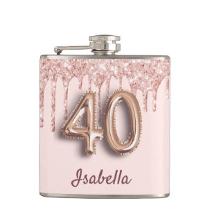 40th birthday rose gold glitter pink friends hip flask