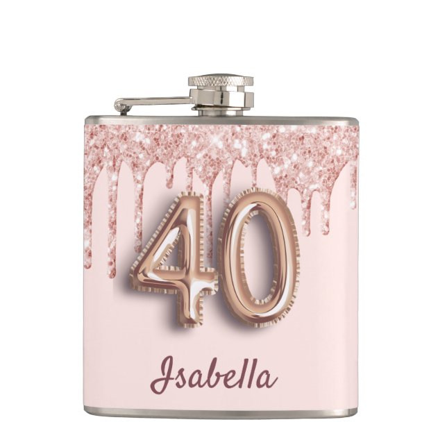40th birthday rose gold glitter pink friends hip flask (Front)