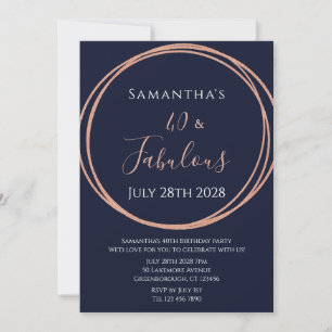 40th Birthday Rose Gold Navy Birthday Invitation