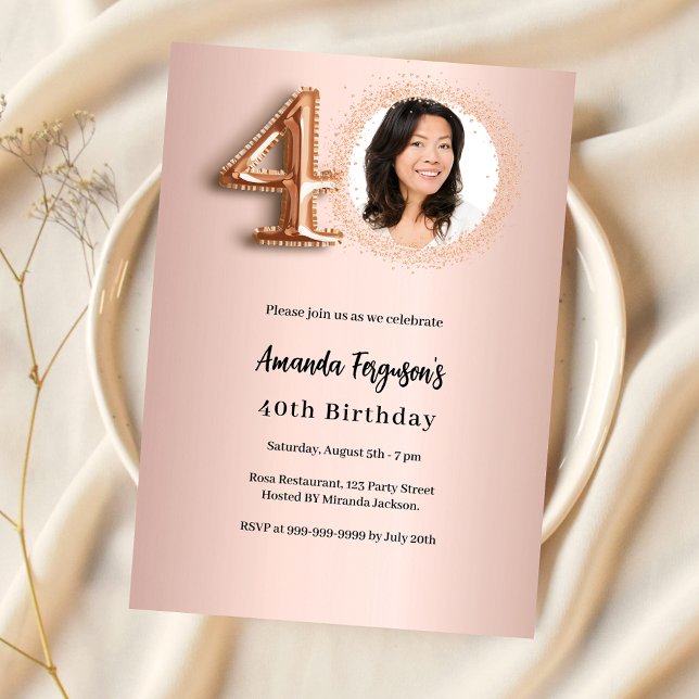 40th Birthday rose gold photo luxury Invitation (Creator Uploaded)