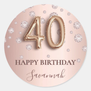 40th birthday rose gold pink diamonds balloon font classic round sticker