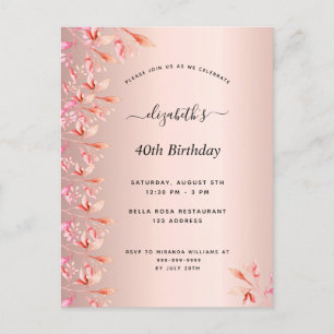 40th birthday rose gold pink floral invitation postcard