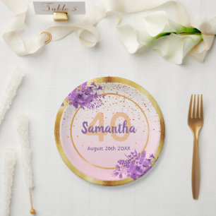 40th birthday rose gold purple florals name paper plate
