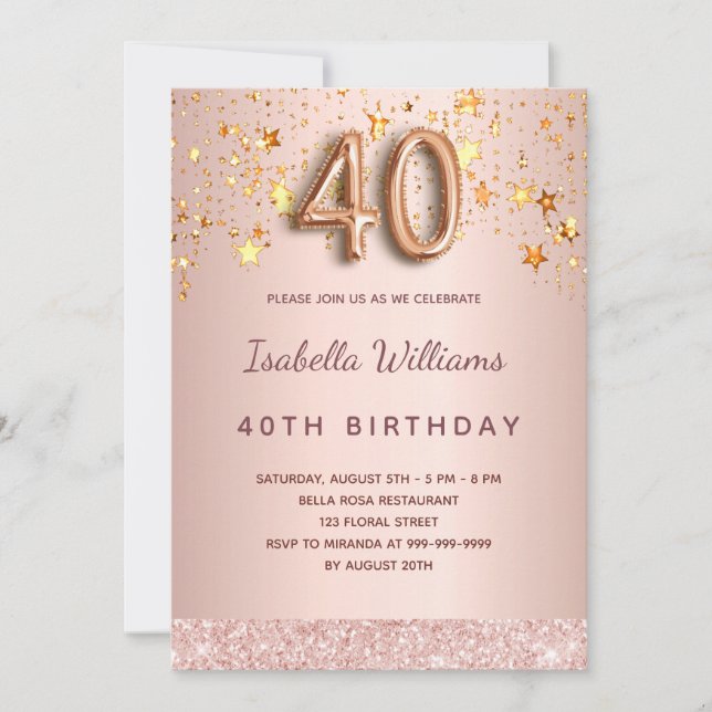 40th birthday rose gold stars elegant invitation (Front)