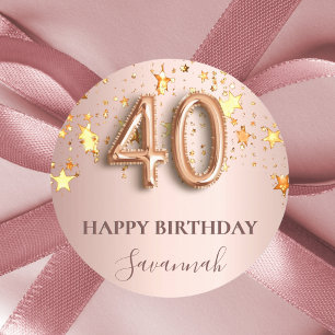 40th birthday rose gold stars pink balloon font classic round sticker