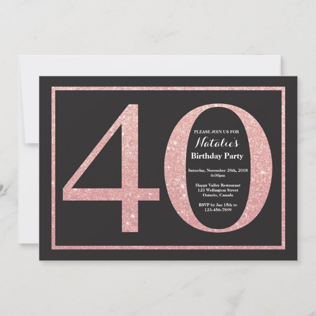 40th Birthday Rose Pink Gold Glitter Chalkboard Invitation (Front)