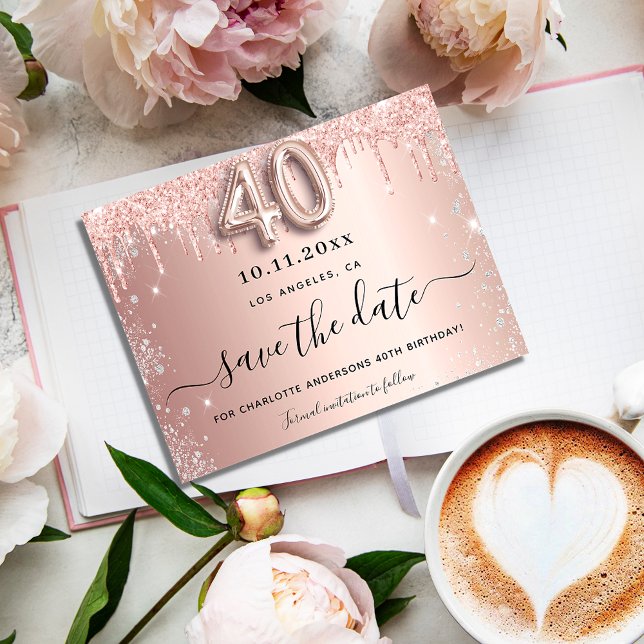 40th birthday rose silver glitter save the date announcement postcard (Creator Uploaded)