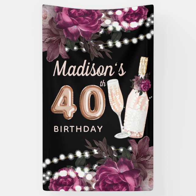 40th Birthday Rose Wine Luxury Banner (Vertical)