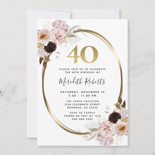 40th Birthday Roses Gold Metallic Floral Party Invitation (Front)