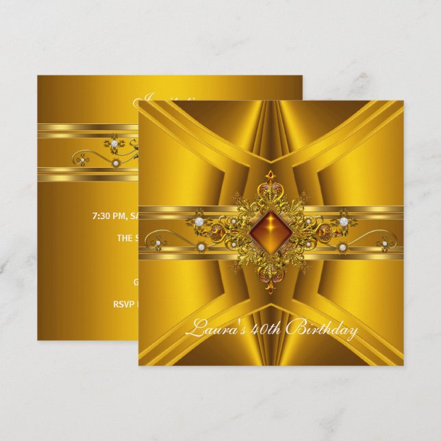 40th Birthday Royal Elegant Yellow Gold Jewel 2 Invitation (Front/Back)