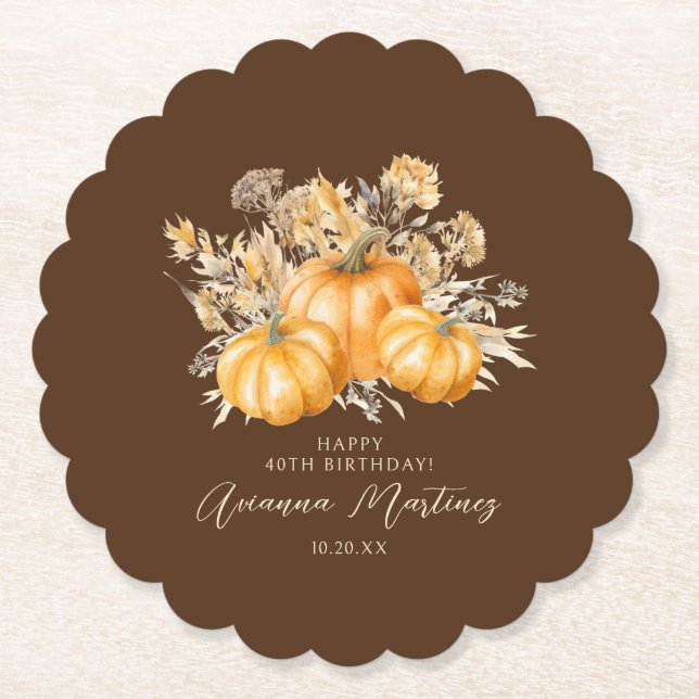 40th Birthday Rustic Boho Pumpkin Fall Custom Paper Coaster (Front)