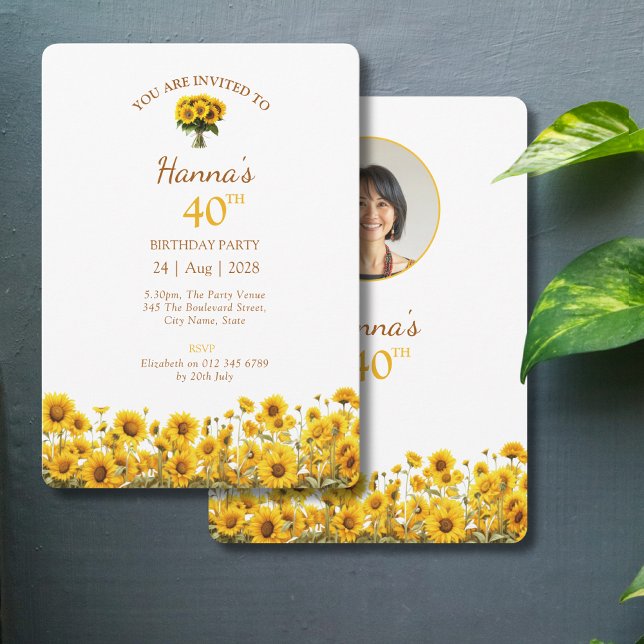 40th Birthday Rustic Sunflower Floral Photo Invitation (floral 40th birthday party invitations with sunflowers on a grey background.)