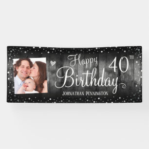 40th Birthday Rustic Wood Photo Silver Confetti Banner