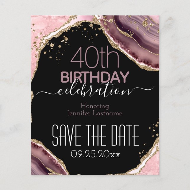 40th Birthday Save the Date Pink Agate Budget (Front)