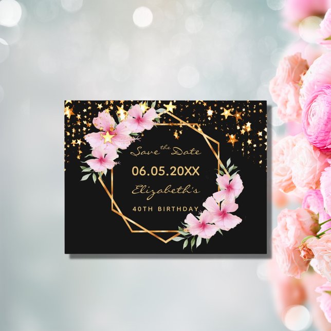 40th birthday Save the Date tropical black stars Postcard (Creator Uploaded)