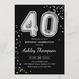 40th Birthday - Silver Balloons Black Invitation